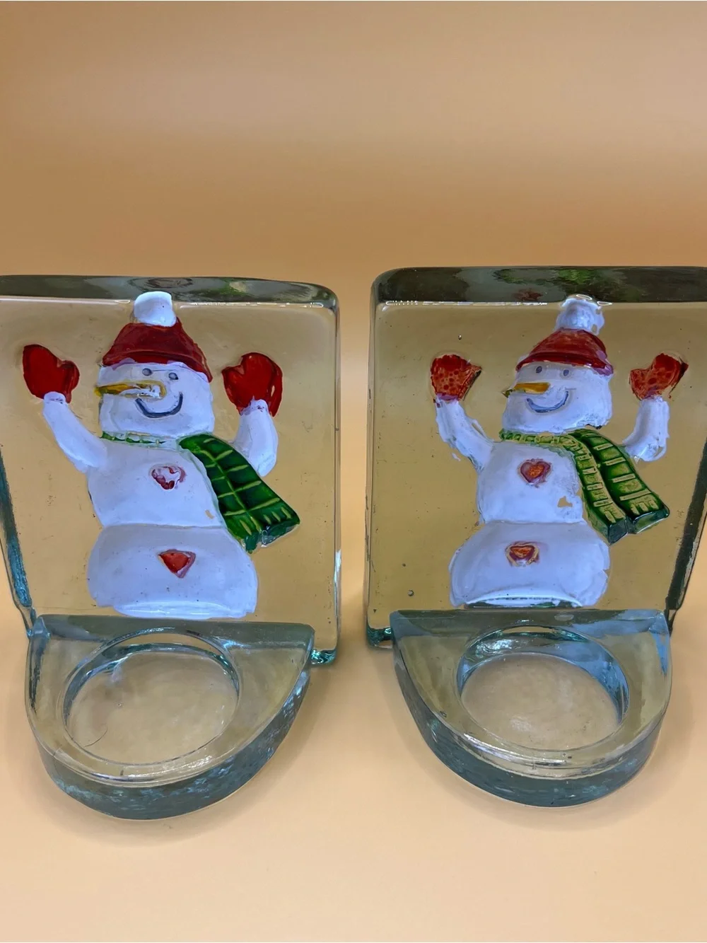 Vintage Fused Art Glass Snowman Block Tealight Votive Candle Holders Set of 2
